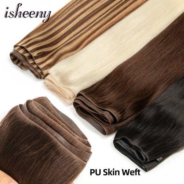Extensiones isheeny Extensiones de cabello humano de trama plana Invisible PU Inject Hair Bundles Natural Blonde Micro Hair Sin cinta Pegamento 80100g 120cm