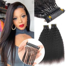 Extensions Isheeny Kinky Straitement 6D Extensions de cheveux humains 4060 cm Vierge 100g Micro Loop Ring Hair 16 "24" Couleur noire naturelle