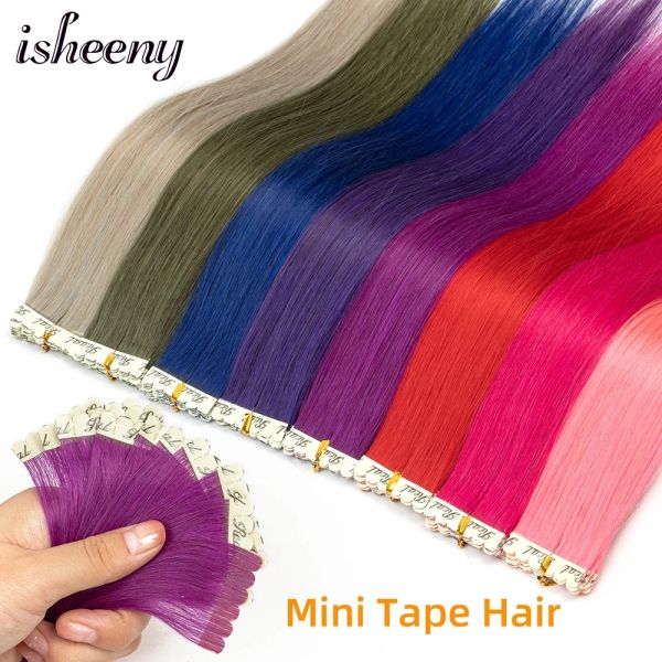 Extensions Isheeny Mini bande Extensions de cheveux 10 pièces fait à la Machine Remy cheveux sans couture sur colle vrais cheveux humains couleur fantaisie