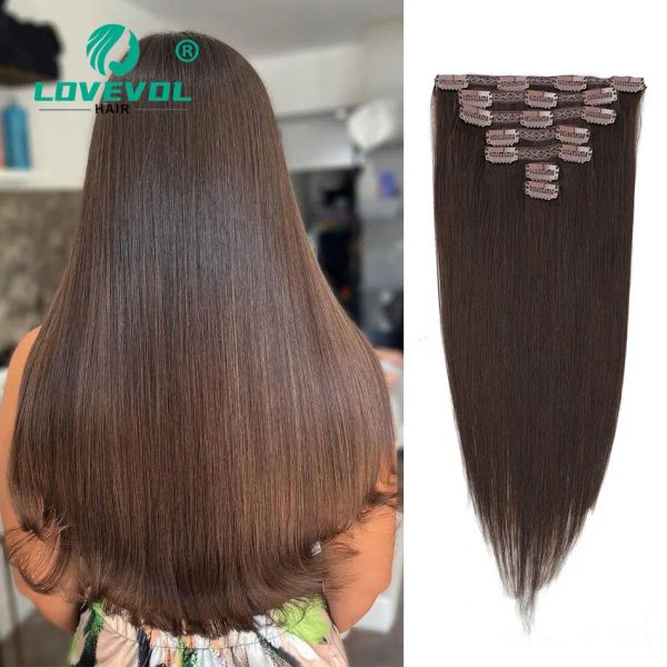 Extensiones Lovevol 7 piezas Extensiones de cabello liso con clip Cabello humano 26 pulgadas Marrón chocolate Remy Clip en postizo para mujeres 130 g