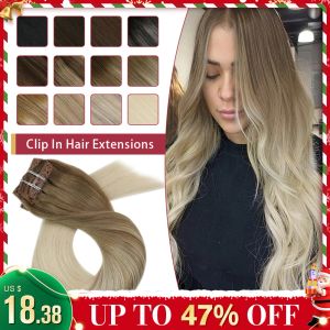 Extensies Moresoo Clip in Hair Extensions 100% Echt Remy Menselijk haar Braziliaans Zijdeachtig Steil Haarverlenging Balayage Blond Haarverlenging