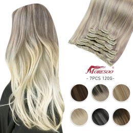 Extensies Moresoo Clip-in Extensions van echt haar Blond haar 100% echt zijdeachtig steil haarextensies met volledige clip Clip op Braziliaans remy-haar