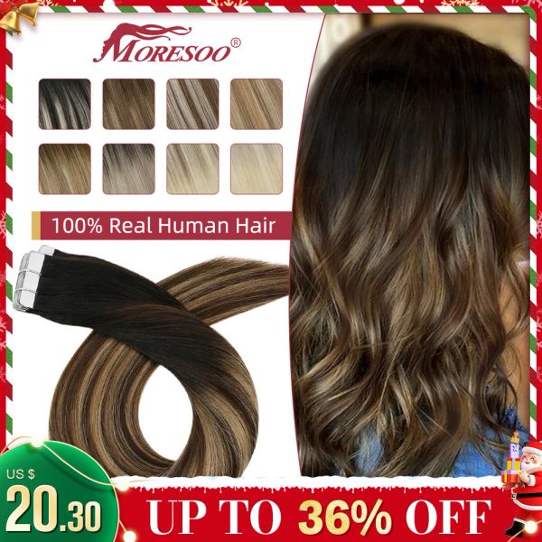 Extensiones Extensiones de cabello con cinta Moresoo Cabello humano brasileño Cabello negro ombre a castaño Cabello rubio Remy Extensión de cabello liso sin costuras