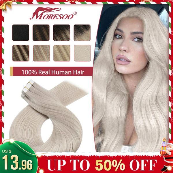 Extensions Moresoo Tape in Extensions de cheveux Balayage Remy vrais cheveux humains pour femmes Invisible sans couture PU peau trame cheveux raides Tape ins