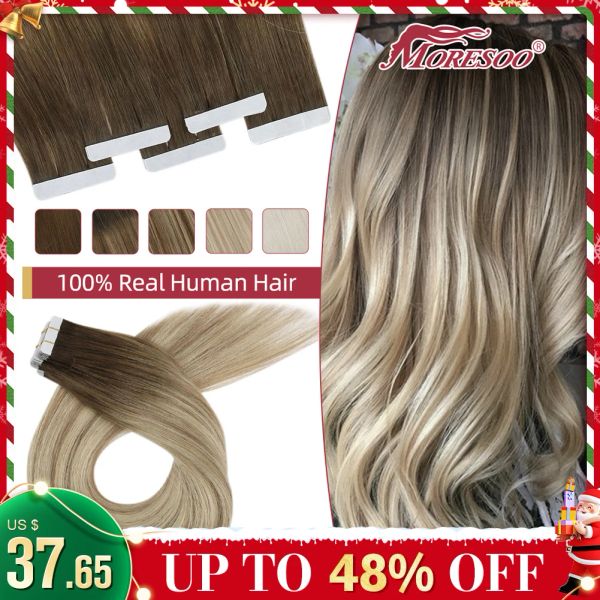 Extensions Moresoo Virgin Tape in Hair Extensions 100% Real Human Hair 2,5 g / PCS Natural High Quality High Quality 12 MOIS RAPE