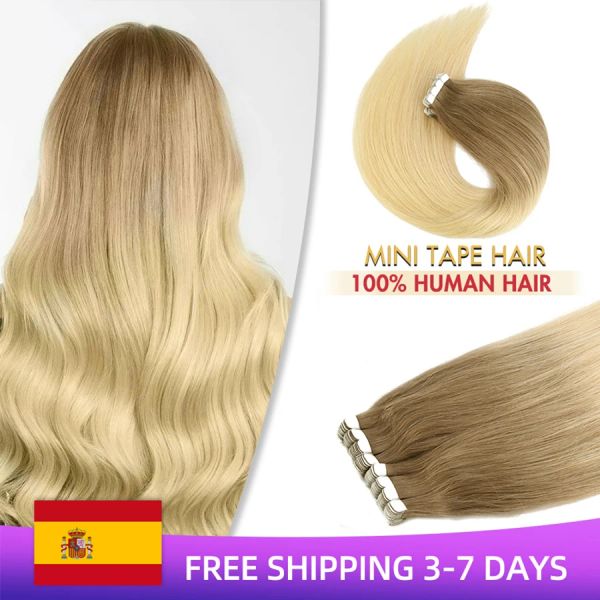 Extensions NEITSI Mini ruban adhésif dans les cheveux humains Extensions invisibles cutanés Couleur d'ombrage mélangée Adhesive 100% Natural Right Hair 12 