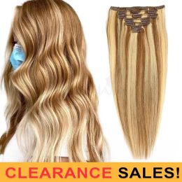 Extensies P6613 Balayage Bruin Blond Clip In Hair Extensions Echt menselijk haar Steil Volledig hoofd 7/8 stuks Clip op haarextensies