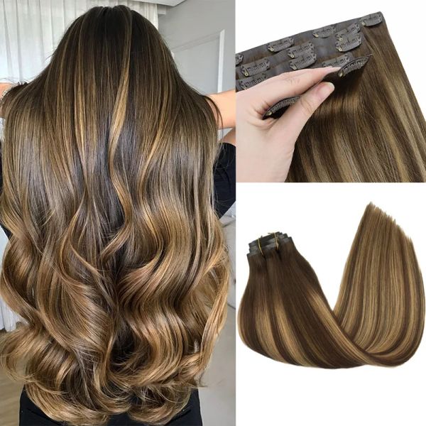 Extensions Extensions de cheveux avec pince en PU sans couture, cheveux humains invisibles, Balayage, couleur blonde ombrée, trame de peau, Extensions de cheveux Remy, 150G avec clip