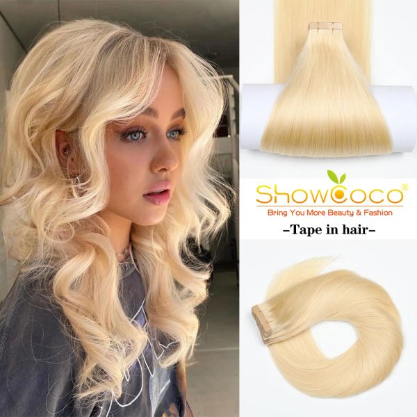 Extensiones ShowCoco Extensiones de cabello con cinta doble dibujada, cabello humano liso, 100% europeo, trama de piel natural sin costuras, 14 