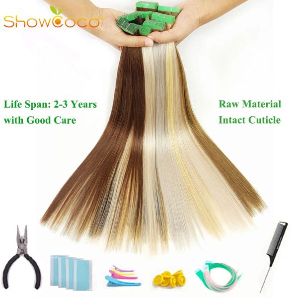 Extensiones ShowCoco Extensiones de cabello con cinta Cabello humano Cabello virgen Remy Cutícula de un donante Cinta verde intacta Extensión de cinta de calidad de salón 10A