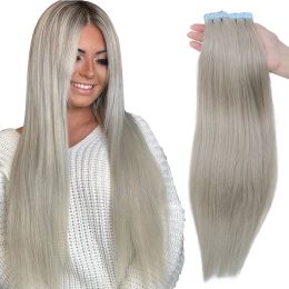 Extensiones #Silver Ash Gray Tape in Hair Extensions Cabello humano Extensión de cabello liso natural 16 18 pulgadas 20pcs/paquete