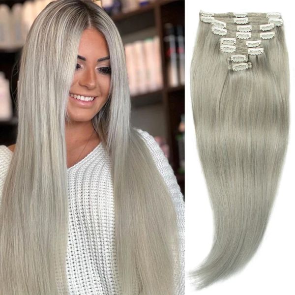 Extensiones Extensiones de cabello con clip PLATA Cabello humano Extensiones con clip rubio ceniza 3/8 piezas Extensiones de cabello natural con clip 1424 pulgadas