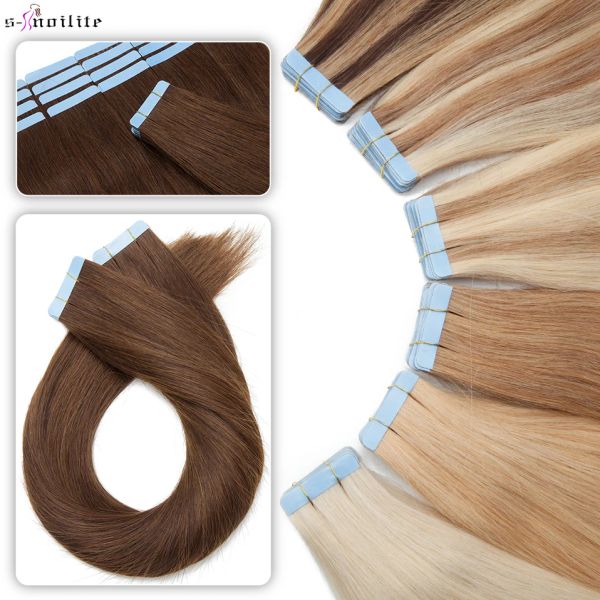 Extensions Snoilite 20 pièces ruban adhésif dans les Extensions de cheveux cheveux humains 2.5g méga cheveux raides cheveux naturels sans couture Invisible Double face trame de peau