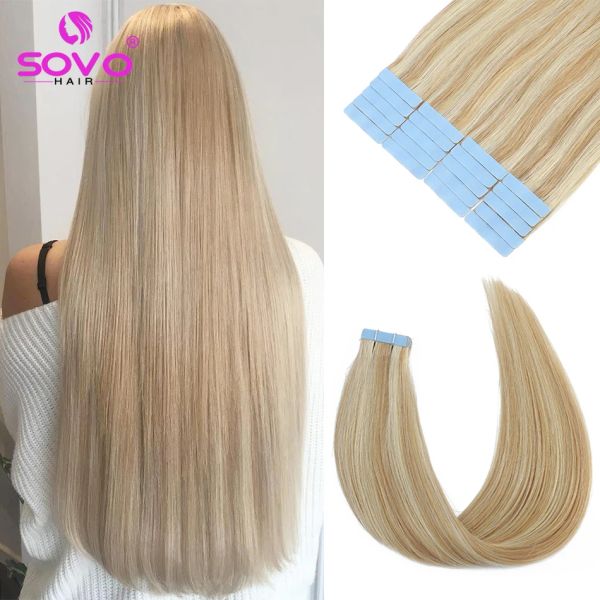 Extensions SOVO Highlight Tape In Extensions Cheveux Humains 1226 Pouce Trame de Peau Sans Couture Blonde Naturelle Bande de Cheveux Européens Sur 20/40Pcs Pack