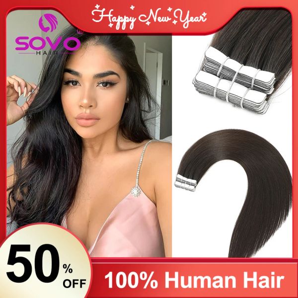Extensiones Extensiones de cabello con cinta SOVO, 100% cabello humano, cinta de color natural, trama de piel recta brasileña sin costuras para cabello fino, 10 Uds.