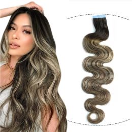 Extensiones T2 6/60 Cinta Remy Onda Del Cuerpo En Extensiones De Cabello Humano Balayage Marrón Oscuro A Marrón Castaño Y Rubio Platino 20 Piezas 1226 Pulgadas