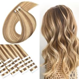 Extensions Tape-in haar 100% echt haar 1626 inch Kameelbruin Gemengd met bleekmiddel Blond #8/613 Naadloze huidinslag Haarextensies voor vrouwen