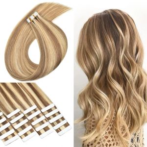 Extensions de cheveux à bande adhésive 100% cheveux humains 1626 pouces brun chameau mélangé avec blond décoloré #8/613 extensions de cheveux sans couture avec trame de peau pour femmes