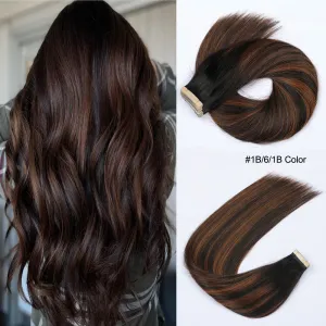 Extensies Tape-in hairextensions 100% Remy-haar Balayage Kleur Natuurlijk Zwart tot Bruin #1B/6/1B Regelmatig vervangbare tape 14 