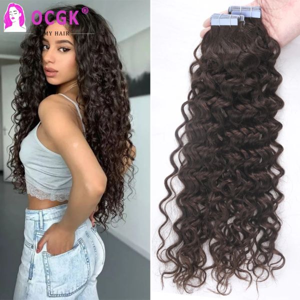 Extensions Tape In Extensions de cheveux humains vague d'eau Remy cheveux bouclés bande Ins européen Remy cheveux peau trame adhésif Extension 20 pièces 2 g/pc