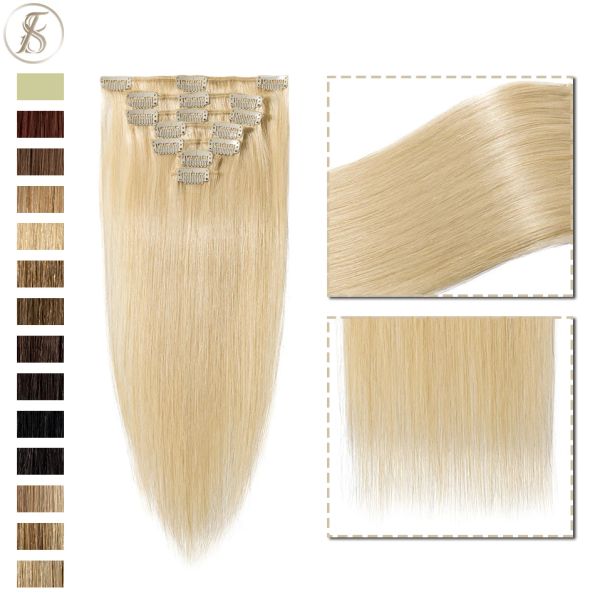 Extensiones TESS 15 colores Mujeres Clip humano en extensiones de cabello Postizo Cabello liso no remy Cabeza completa Resaltado fino Bleach Blonde