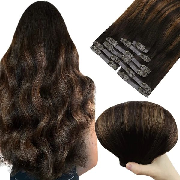 Extensions Vesunny PU Clip dans les cheveux Extensions Balayage brun plus foncé Hair brun clair 100% réel Clip PU sans couture dans Remy Hair 130g / Set