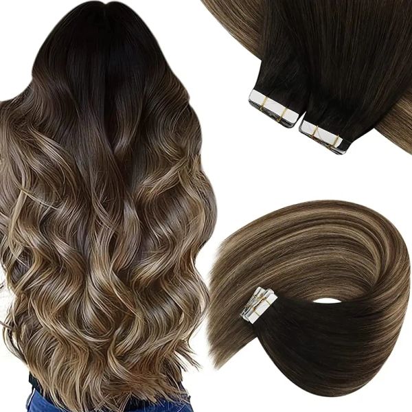 Extensions VeSunny Tape In Extensions de cheveux humains Balayage noir Cheveux humains Noir Ombre Brun foncé Balayage Blond Caramel Cheveux raides