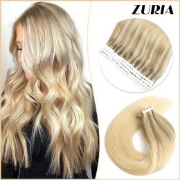 Extensions ZURIA 12/16/20/24 '' Rechte Mini Human Tape In Hair Extensions Onzichtbare Huid Inslag Lijm Natuurlijk voor Vrouwen Blond Haarstukje