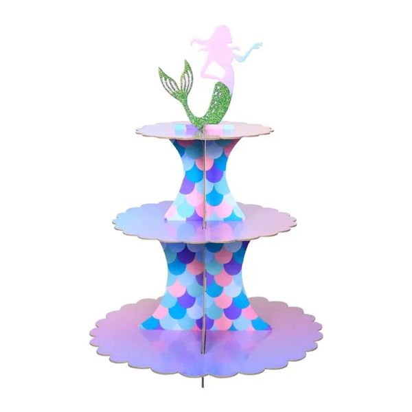 100 juegos Huancai Mermaid Dinosaur excavator Cake Stand 3 Tier Mermaid Tail Cartón Cupcake Stand Holder para niños Cumpleaños Under The Sea Party Proveedor