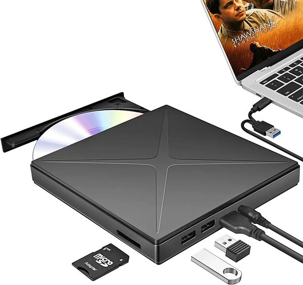 Unidad óptica externa USB 3.0 Unidad portátil de CD DVD / RW Reproductor de DVD para computadora portátil Grabadora de CD ROM con puerto USB Ranuras para tarjetas TF / SD 240113