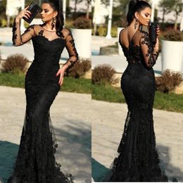 2020 robes de soirée noires modestes à manches longues col transparent dentelle appliques sirène robes de soirée de bal femmes robe formelle robe BC2671