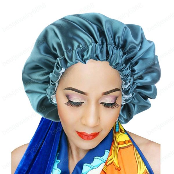 Bonnet en Satin Double couche Extra Large pour femmes couleur unie soyeux confortable jour nuit bonnet de sommeil Salon dames maquillage coiffe de tête