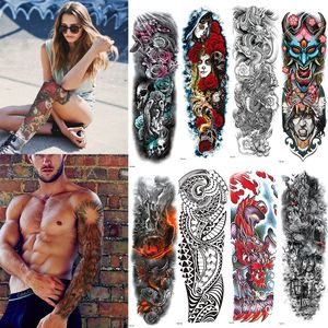Extra grande brazo completo tatuajes temporales mangas pavo real peonía dragón cráneo diseños tatuaje impermeable pegatinas arte corporal pinturas para hombres mujeres