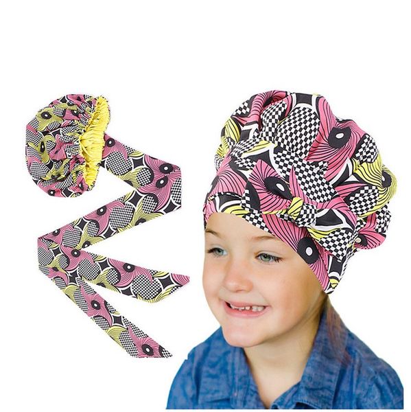 Extra Large enfants filles Satin doublé Bonnets chapeau africain Turban chapeau femmes Ankara Long ruban bandeau Ankara cheveux Bonnet chapeau