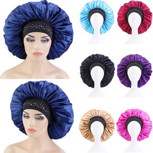 Extra groot satijn Silky Bonnet Slaap Cap Rhinestone Elastische Breedte Band voor Vrouwen Solid Color Head Wrap Franced Nightcap Night Hat