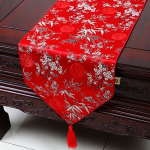 Extra lang 120 inch Plum Bamboo Tafel Runner Mode Luxe Decor Eetkamer Tafel Doek High End Silk Brocade Protective Pads 300x33 cm