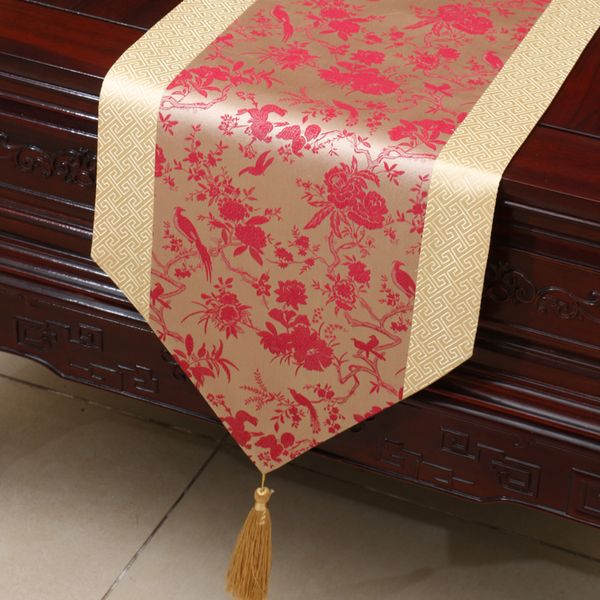 Extra Long Decor Chemins de table damassés élégants pour le dîner de mariage Tapis de table de Noël Nappes en soie chinoise pour les fêtes 300x33 cm