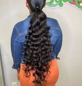 Extensión de cola de caballo rizada profunda extra larga clip de cabello humano ins para mujeres negras envolturas altas con cordón postizo de cola de caballo 160g cola de caballo de pelo brasileño Jet puff afro