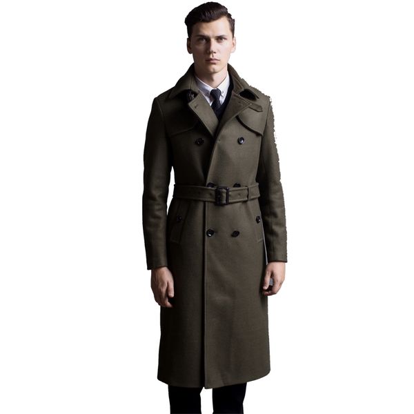 Manteau en laine Extra long pour homme, trench-coat britannique à double boutonnage, coupe slim, classique, vert armée, caban chaud