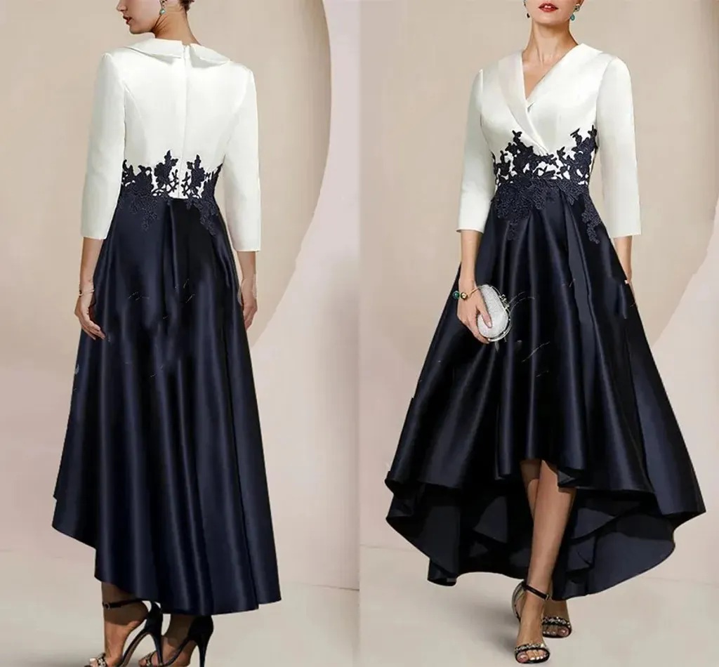 Elegant White Black Mother of the Bride Dress V-Neck 3/4 Sleeves Satin Lace Appliques A-Line Wedding Guest Party Skirt for Women Formal Prom Gowns