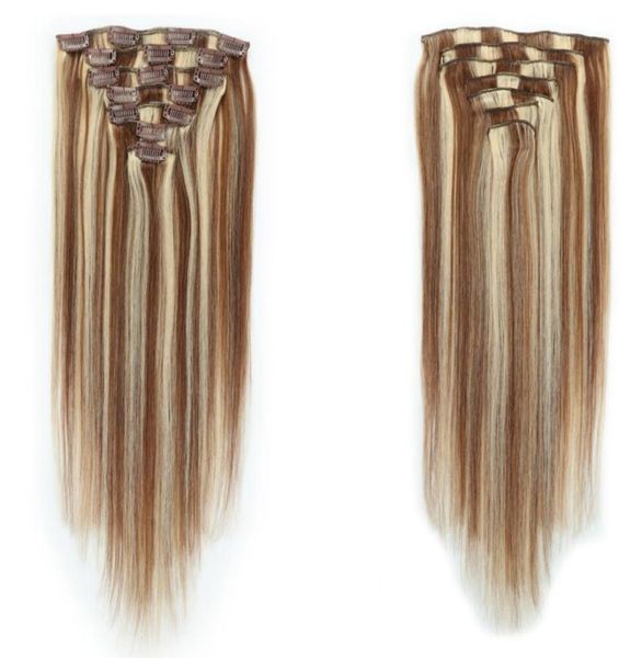 Clip extra grueso en extensiones de cabello humano Sedoso Recto 7A 100 Extensiones de cabello humano virgen Clip en cabello Remy StraFull Head Mix 6146687