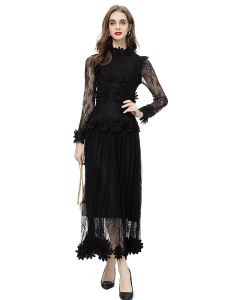 Extravagante dames lente hoge kwaliteit mode feest zwart kant borduurwerk nachtclub transparante lange mouwen jurken voor dames