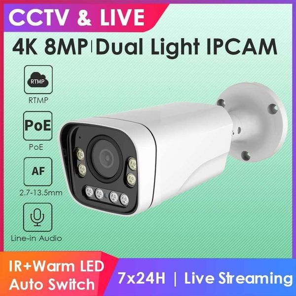 Caméra IP EXVIST 4K (8MP) Zoom IP avec caméra de sécurité Poe Bullet à double lumière, IP66 Détection humaine, RTMP sur YouTube / Facebook - 2,7 mm ~ 13,5 mm lentille motorisée.