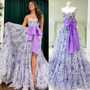 Robe de bal florale lilas accrocheuse 2k24, nœud en satin, sans bretelles, en organza, longue, hiver, printemps, soirée formelle, cocktail, gala, jolie robe de concours de beauté, jupe fendue