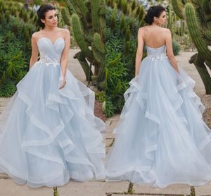 Earching Silver Blue Ball Town Avondjurken Sweetheart Geplooid Tule Tiered Rok Corset Prom Dresses Formele Jurk Zoete 16 Jurk