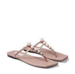 Attrayant Été Alaina Sandales Chaussures Pour Femmes Ballet Plat Rose Noir Nappa Cuir Pantoufle Plage Slide avec Perle Embellissement Tongs