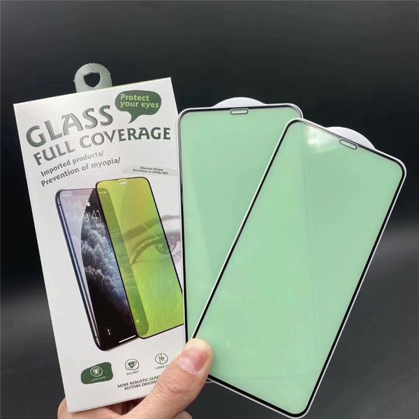 Protection des yeux verre trempé lumière verte pour iPhone 15 14 13 12 Pro Xs Max Xr protection d'écran de téléphone portable à couverture complète verre avec boîte de vente au détail