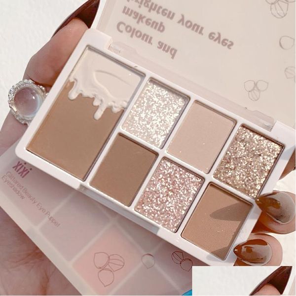 Sombra de ojos 7 colores Brillo Paleta de sombras de ojos Brillo Fácil de usar Sombras Paleta de maquillaje para ojos Cosméticos para mujer Entrega de gotas He Dhlnc