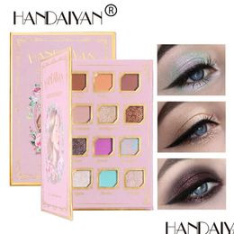 Oogschaduw Handaiyan 12 kleuren oogschaduwpalet glinstering glitter markeerstift mat langdurige waterdichte pigment make -up druppel delive dheod