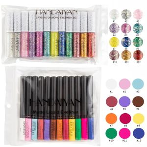 Combinatie van oogschaduw/liner 10/12 kleuren Matte eyelinerset Glittermake-up Waterproof Kleurrijk Vloeibaar kristal Diamant Eyeliner Pen Gel Make-up Cosmetica 231207